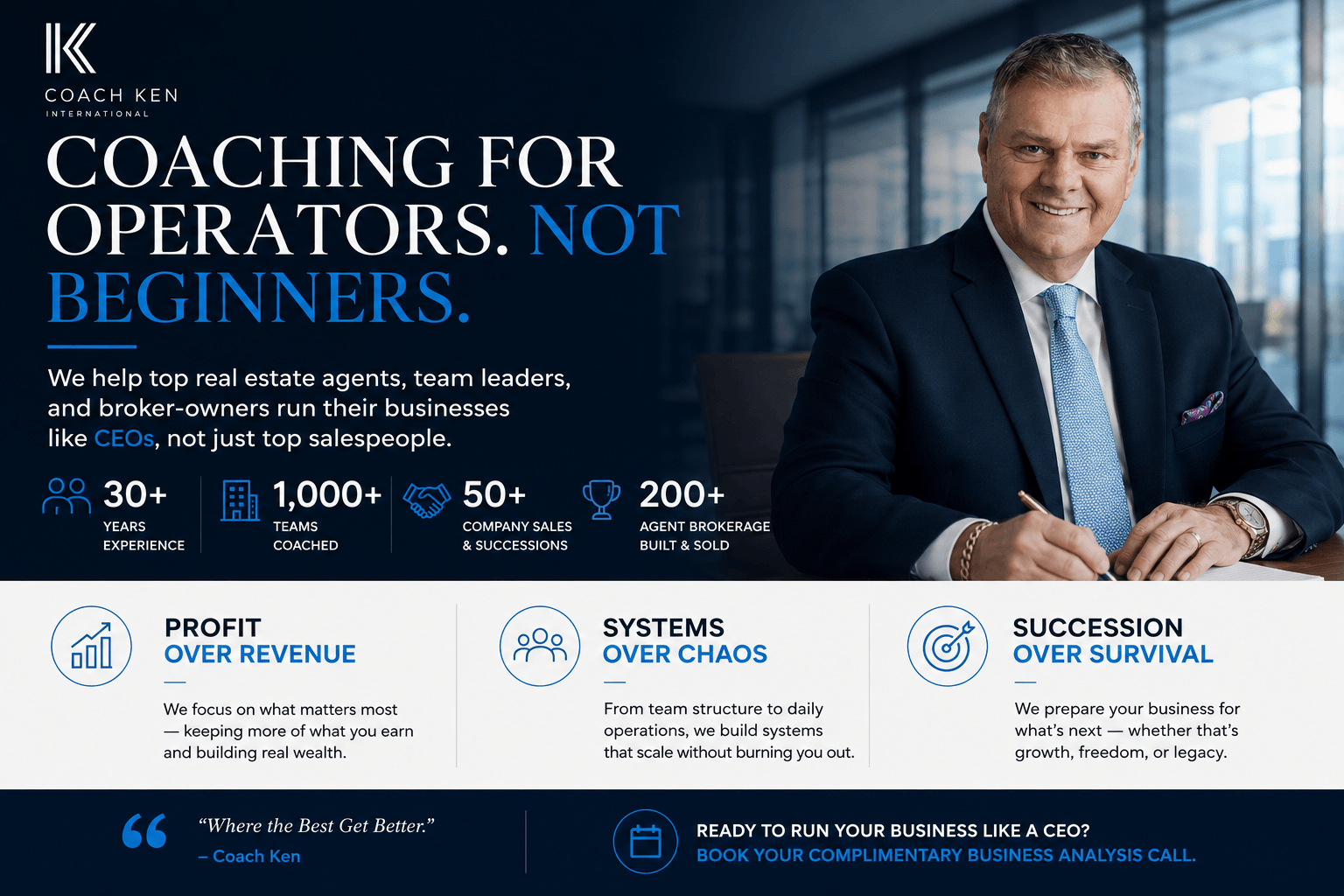 Coach Ken providing one-on-one real estate coaching focused on profitability, business systems, leadership development, and succession planning for top-producing agents and broker-owners.