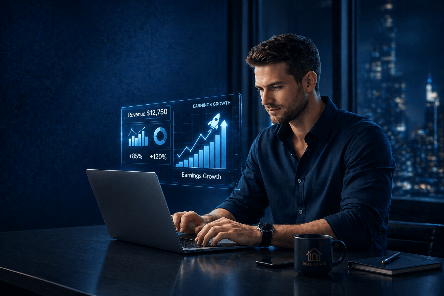 Real estate team leader reviewing key performance indicators including lead conversion rates, appointments, GCI, profit margin, agent productivity, and accountability metrics.