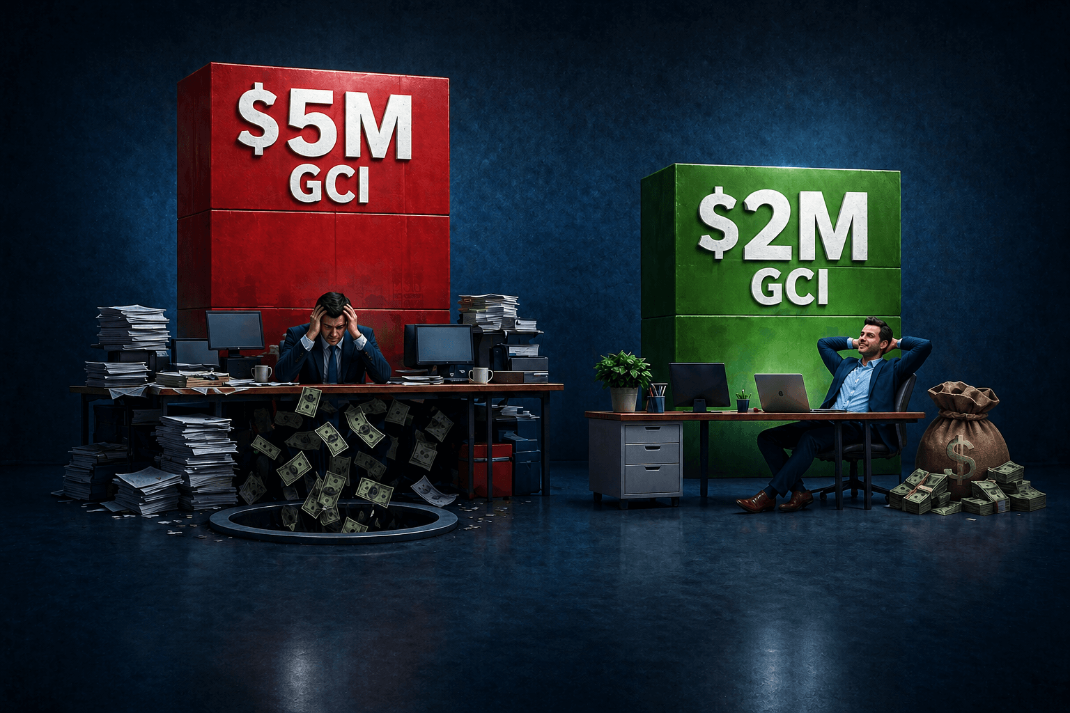 Comparison of real estate revenue and profit showing how a lower revenue team can generate significantly higher profit through better margins and operational efficiency.