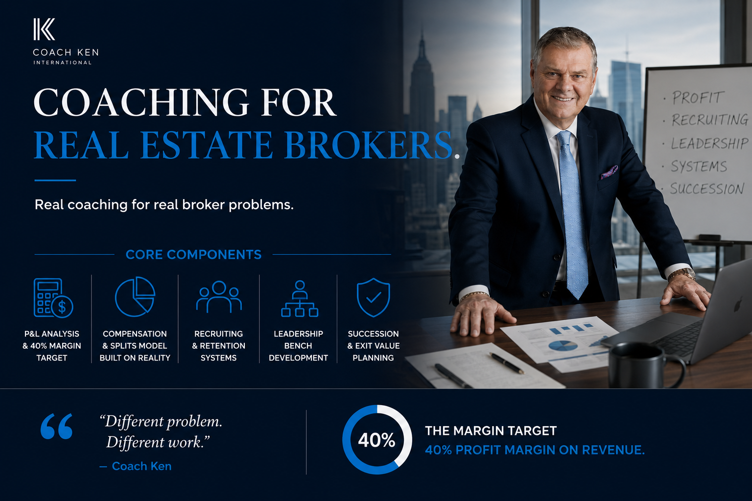 Coaching for real estate brokers focused on brokerage profitability, recruiting systems, leadership development, agent retention, and succession planning.